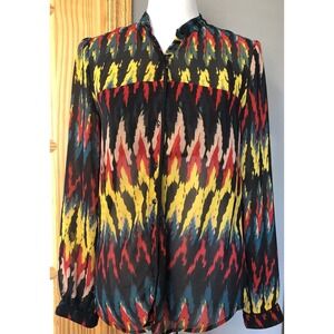 W118 By Walter Baker Pleated Blouse Small Button Up Black Sheer Chiffon Colorful